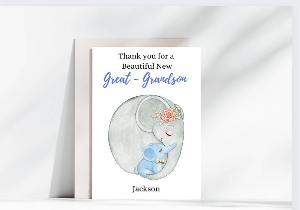 Personalised Great Grandson/Grandson New Baby Card – Mum & Baby Elephant Design 🐘💙