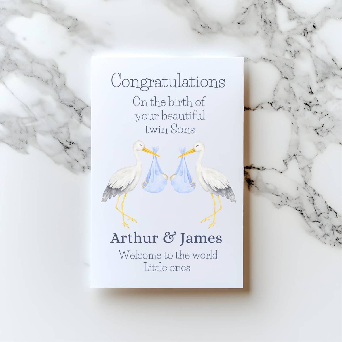 Personalised Stork Twins Card – New Baby Twins Congratulations Card | Custom Welcome to the World Card for Twin Boys or Girls