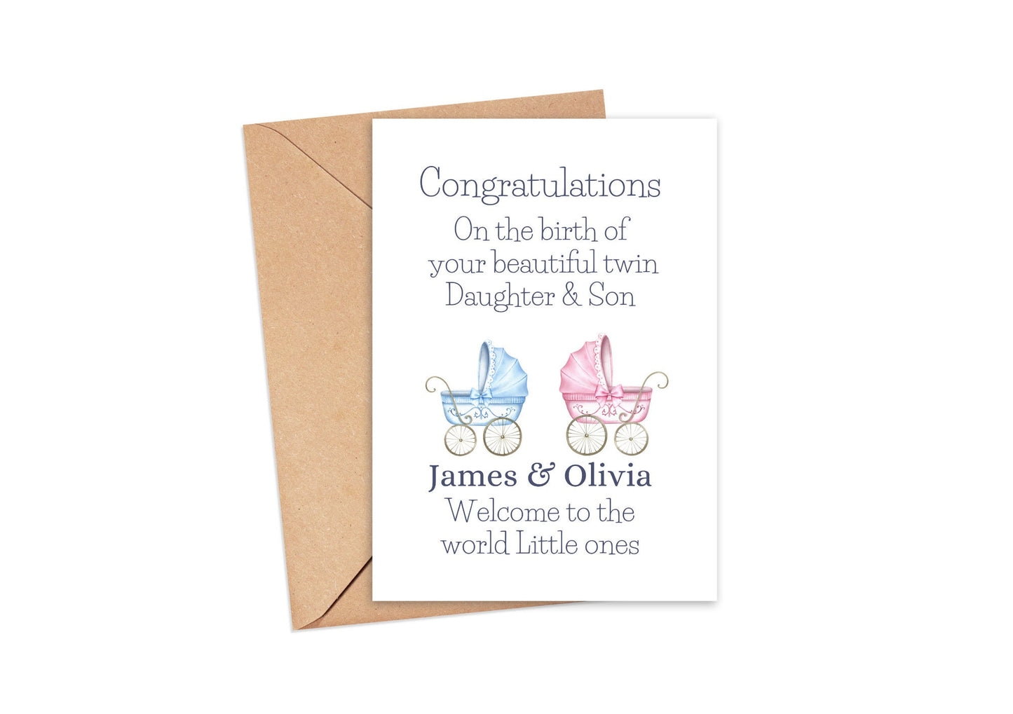 Personalised Baby Pram Twins Card – Celebrate the Arrival of Two Little Miracles
