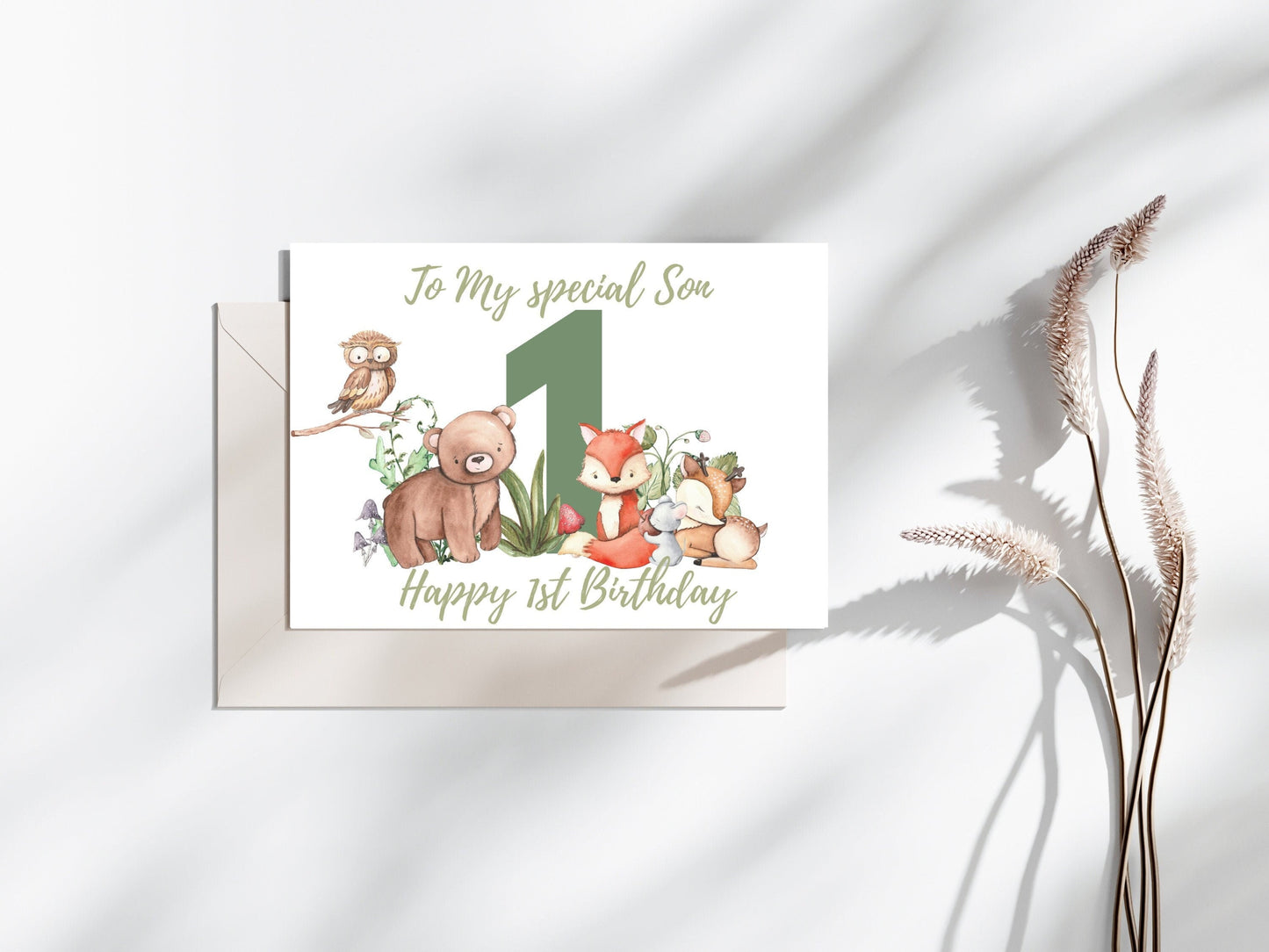 Personalised Forest Animals 1st Birthday Card – Adorable Woodland Theme for Boys or Girls