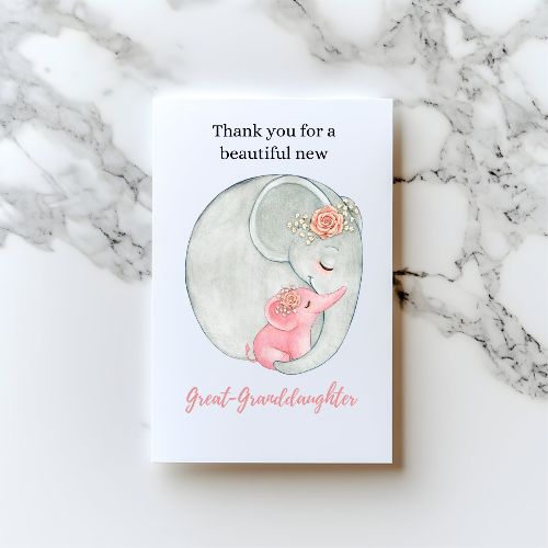 Personalised Welcome to the World Granddaughter or Great Granddaughter Card – Elephant Design, A5 Baby Girl Card