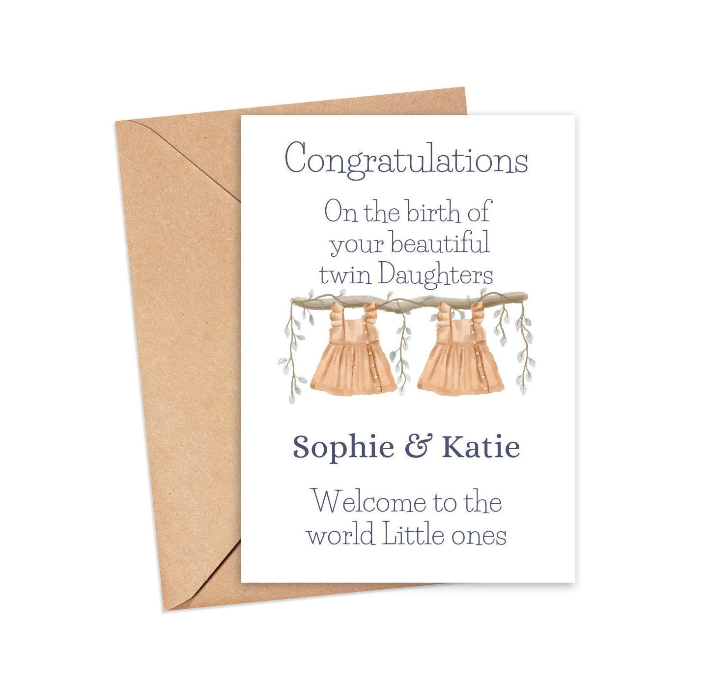 👶 Personalised Twins Card – Baby Clothes Design