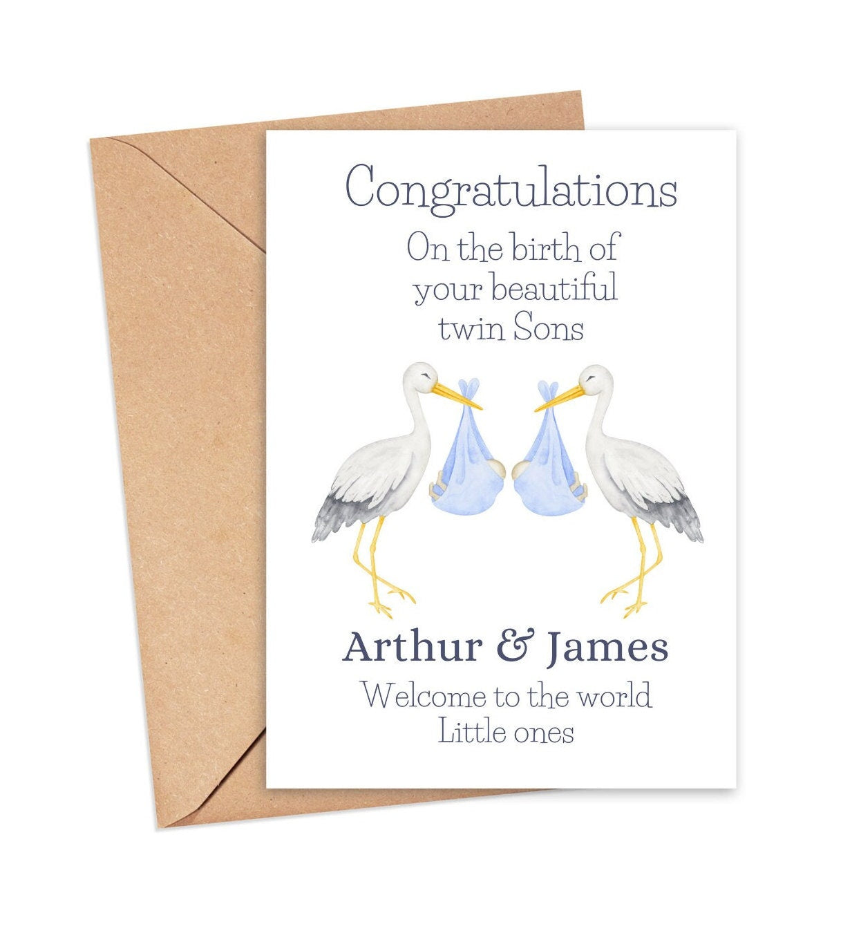 Personalised Stork Twins Card – New Baby Twins Congratulations Card | Custom Welcome to the World Card for Twin Boys or Girls