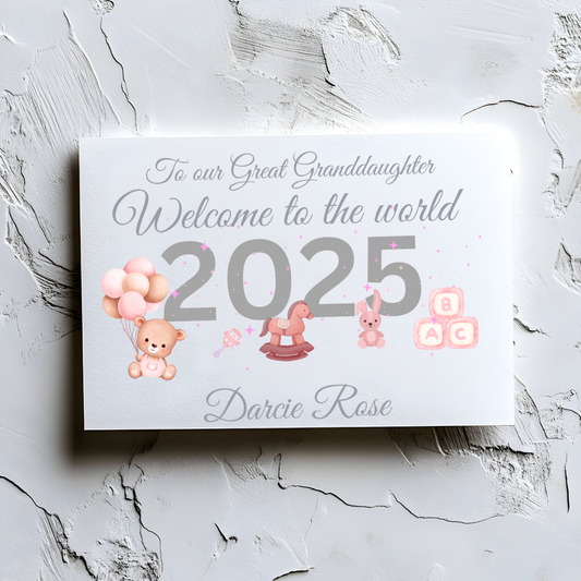 🌸 Granddaughter, Great Granddaughter “Welcome to the World” Personalised Card 🌸