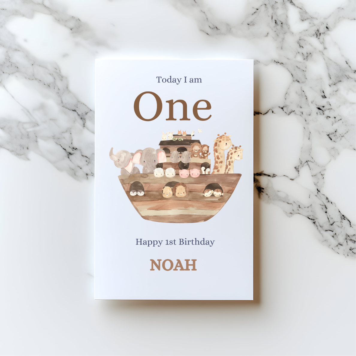 🌈 Noah’s Ark 1st Birthday Card – Cute Animal Number One Card (A5)