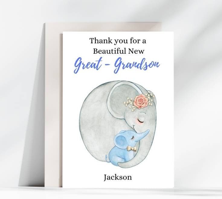 Personalised Great Grandson/Grandson New Baby Card – Mum & Baby Elephant Design 🐘💙
