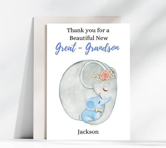 Personalised Great Grandson/Grandson New Baby Card – Mum & Baby Elephant Design 🐘💙