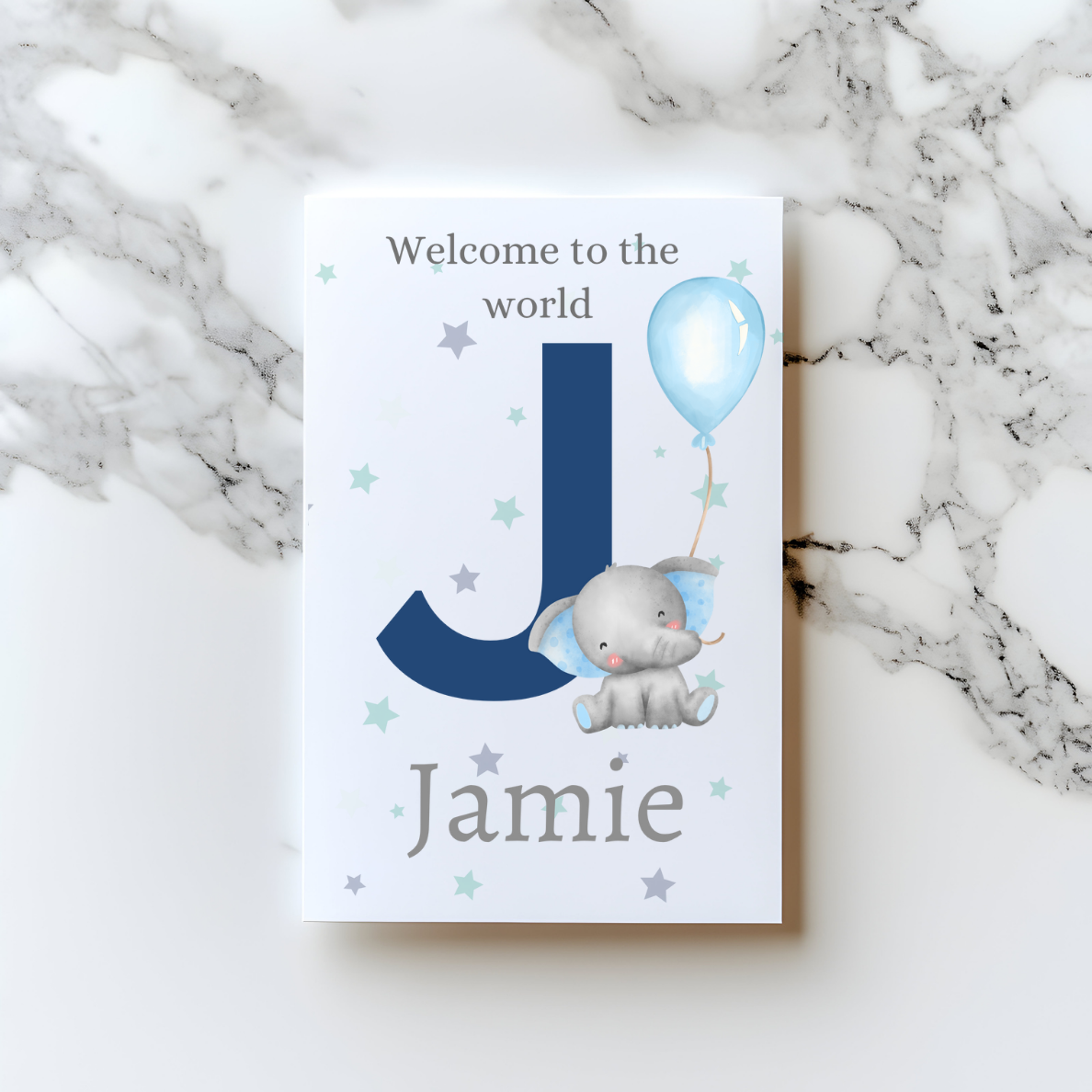 Blue Elephant Baby Boy Card – Custom “Welcome to the World” A5 Birth Card
