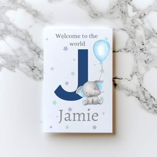 Blue Elephant Baby Boy Card – Custom “Welcome to the World” A5 Birth Card