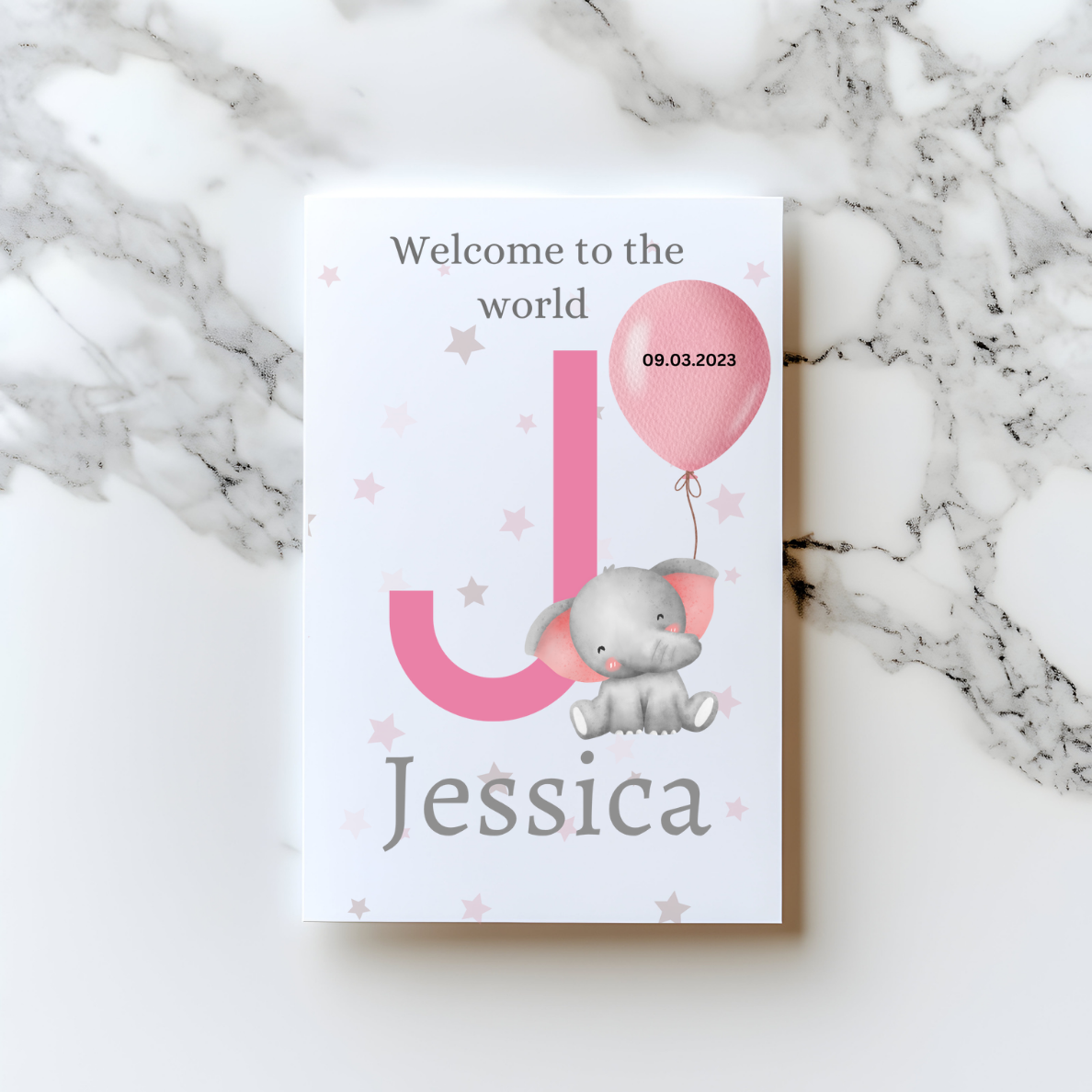 Personalised Pink Elephant “Welcome to the World” Card – New Baby Girl Greeting