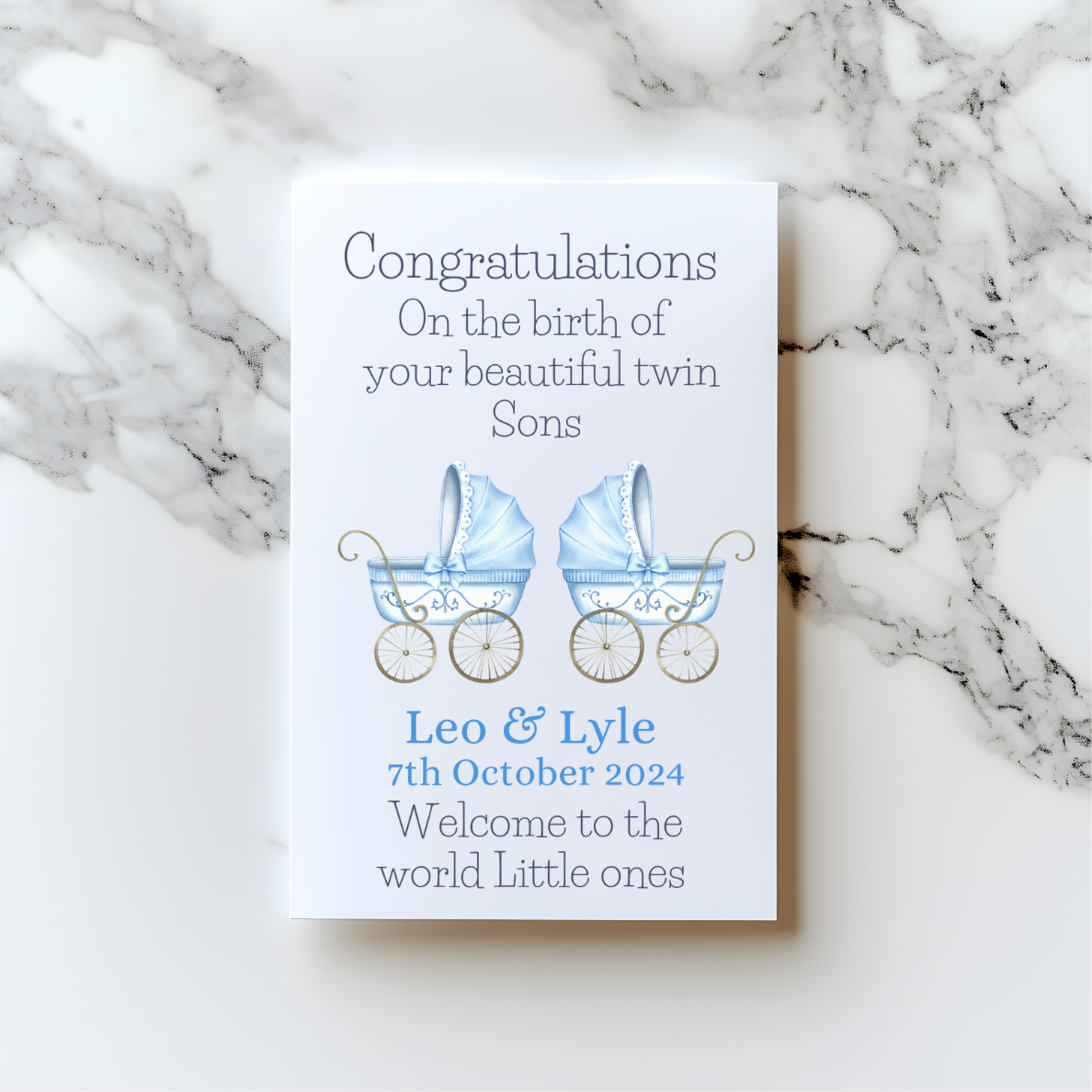 Personalised Baby Pram Twins Card – Celebrate the Arrival of Two Little Miracles