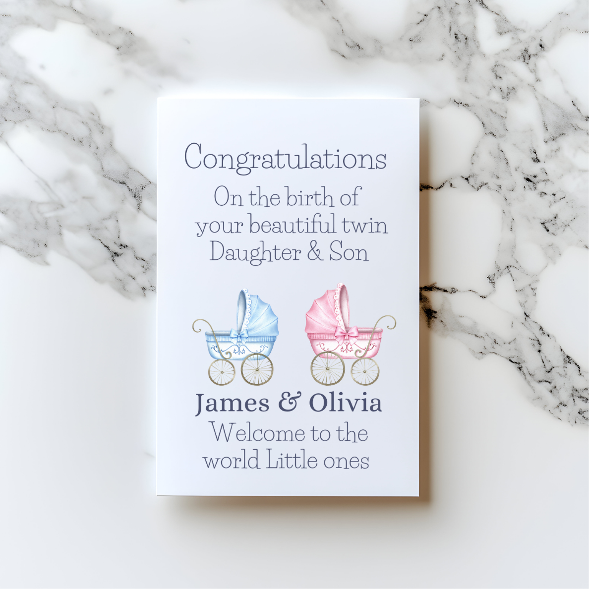 Personalised Baby Pram Twins Card – Celebrate the Arrival of Two Little Miracles