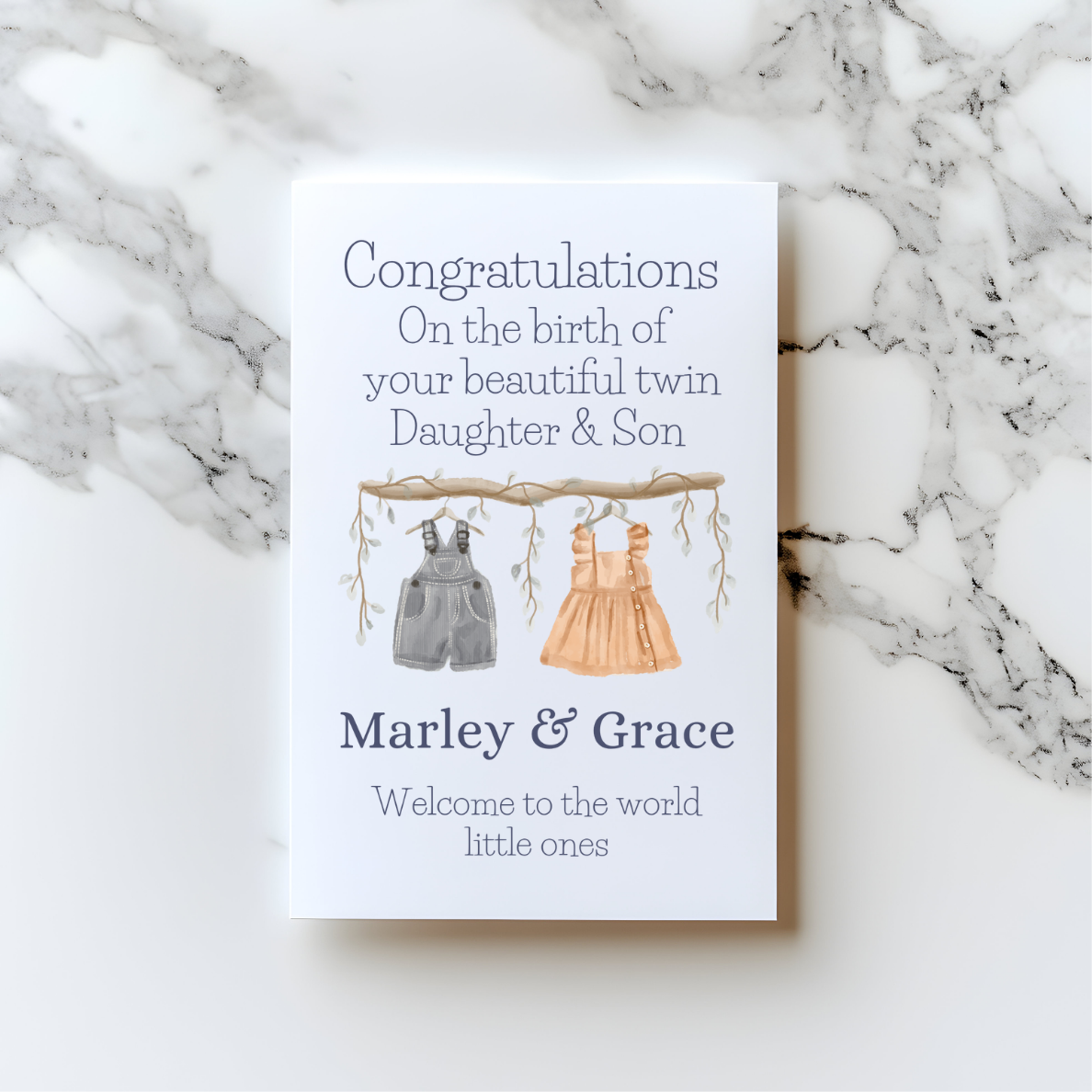 👶 Personalised Twins Card – Baby Clothes Design