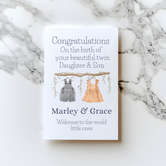 👶 Personalised Twins Card – Baby Clothes Design