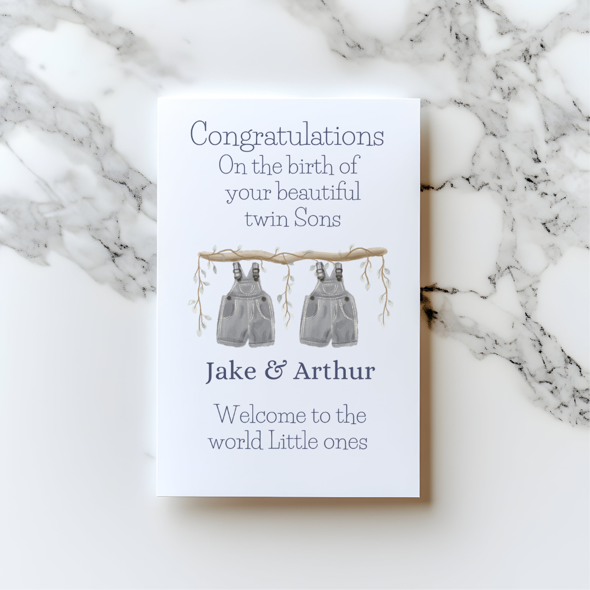 👶 Personalised Twins Card – Baby Clothes Design