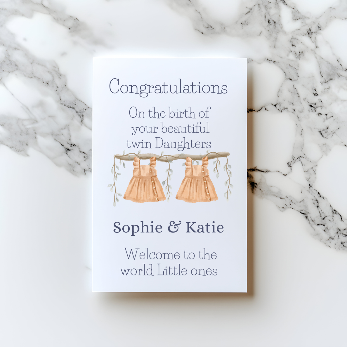 👶 Personalised Twins Card – Baby Clothes Design