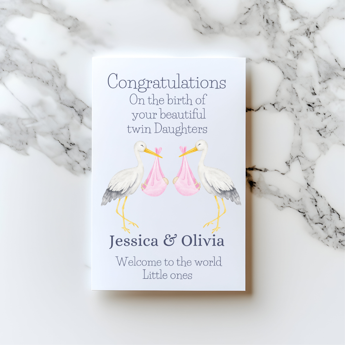 Personalised Stork Twins Card – New Baby Twins Congratulations Card | Custom Welcome to the World Card for Twin Boys or Girls