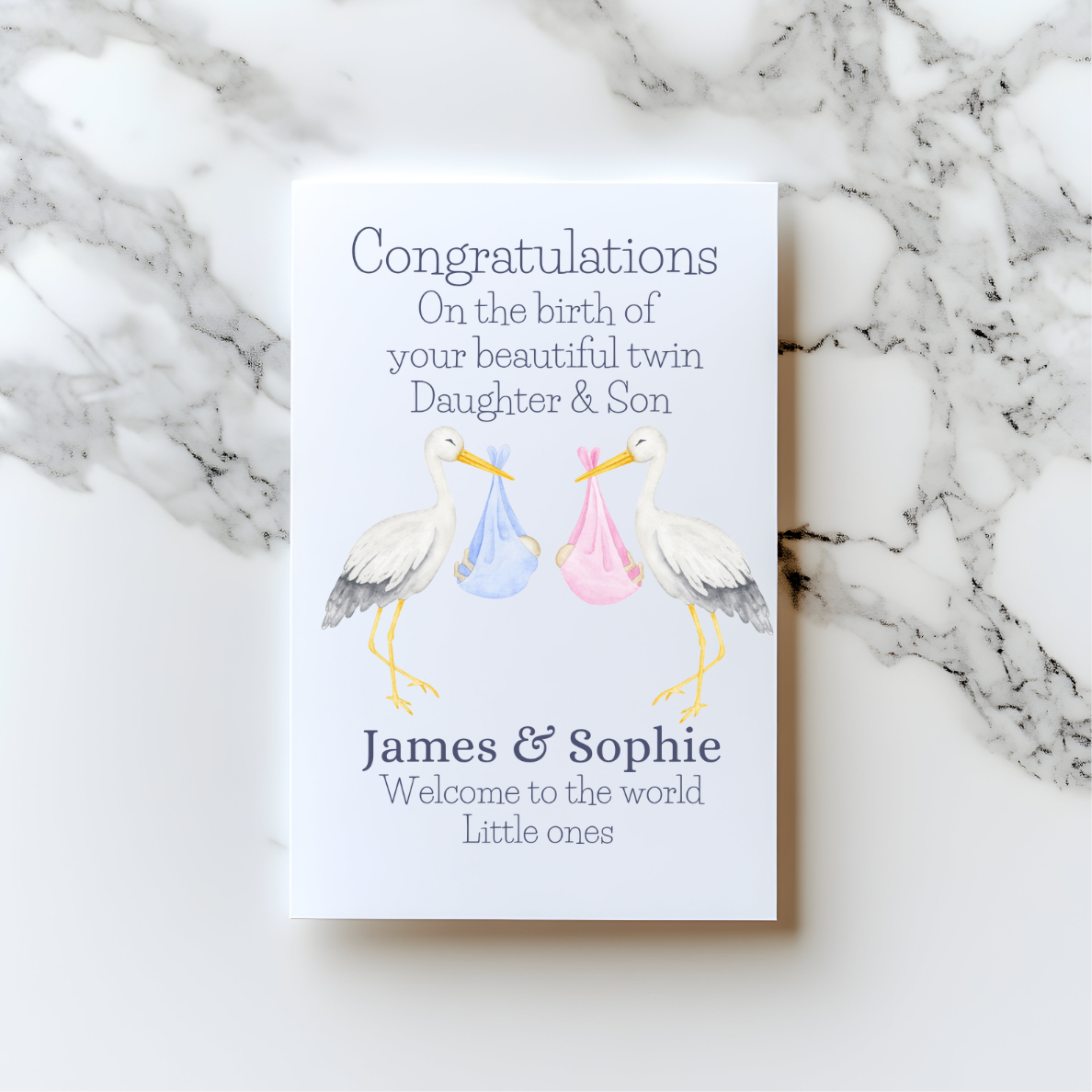 Personalised Stork Twins Card – New Baby Twins Congratulations Card | Custom Welcome to the World Card for Twin Boys or Girls