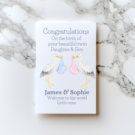Personalised Stork Twins Card – New Baby Twins Congratulations Card | Custom Welcome to the World Card for Twin Boys or Girls