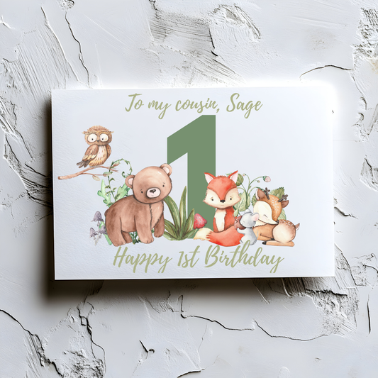 Personalised Forest Animals 1st Birthday Card – Adorable Woodland Theme for Boys or Girls