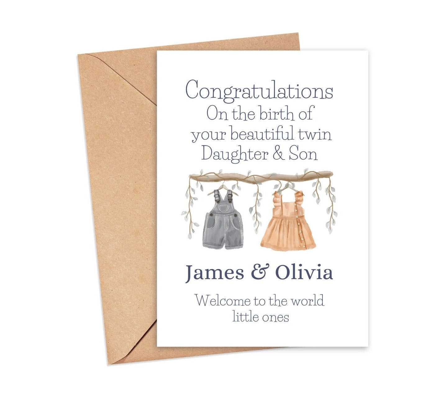 👶 Personalised Twins Card – Baby Clothes Design
