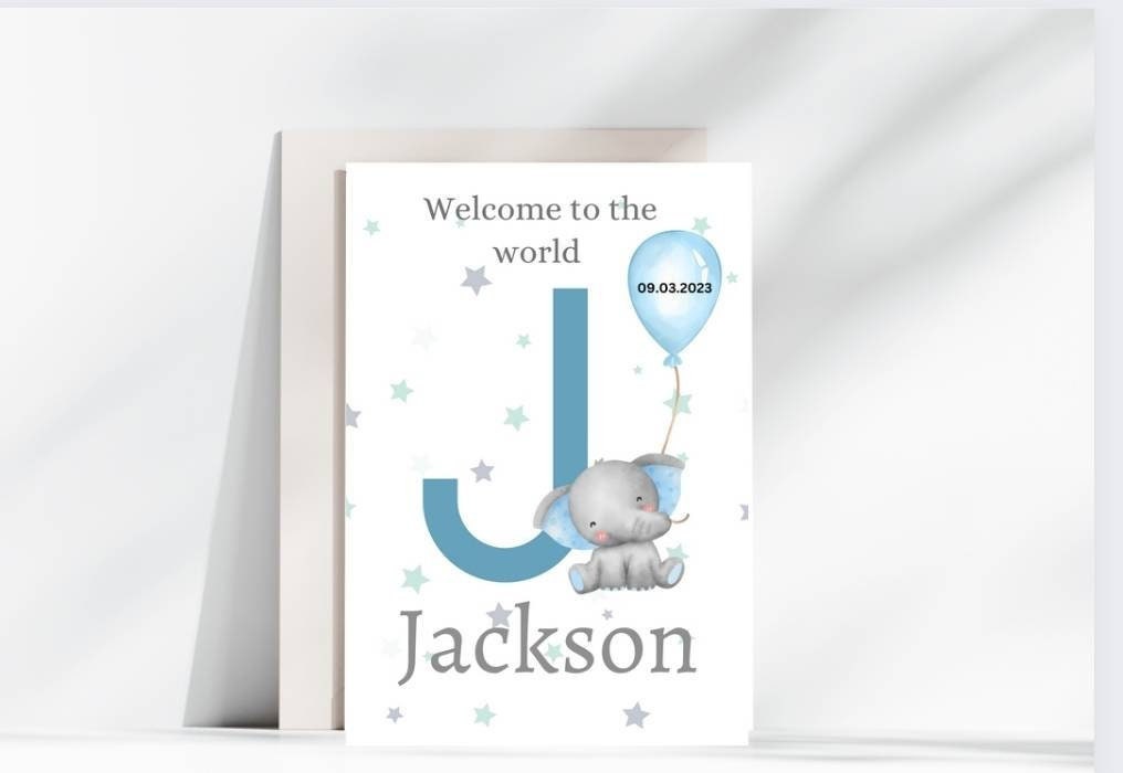 Blue Elephant Baby Boy Card – Custom “Welcome to the World” A5 Birth Card