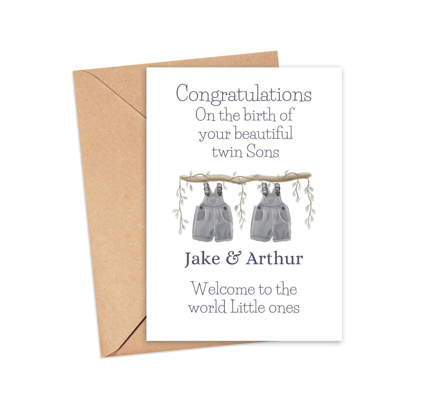 👶 Personalised Twins Card – Baby Clothes Design