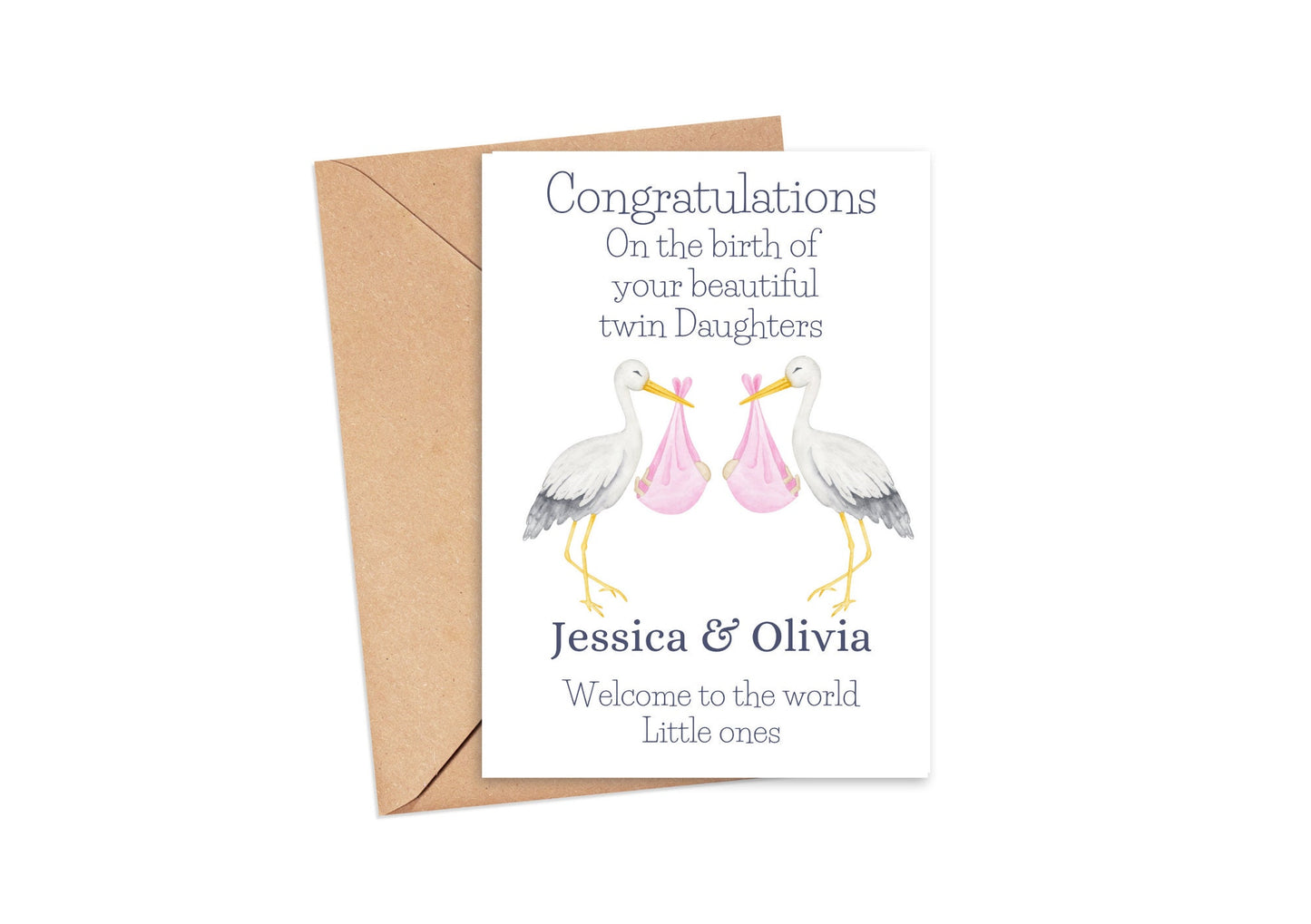 Personalised Stork Twins Card – New Baby Twins Congratulations Card | Custom Welcome to the World Card for Twin Boys or Girls