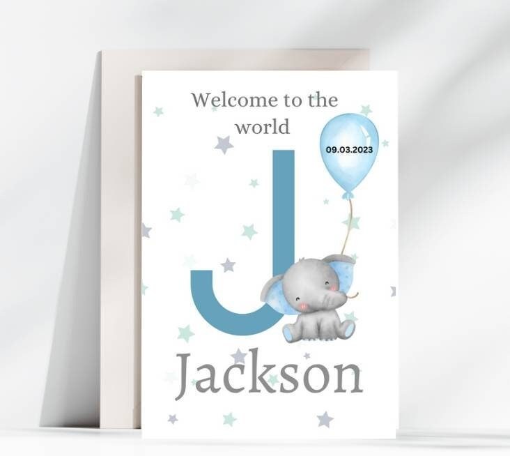 Blue Elephant Baby Boy Card – Custom “Welcome to the World” A5 Birth Card