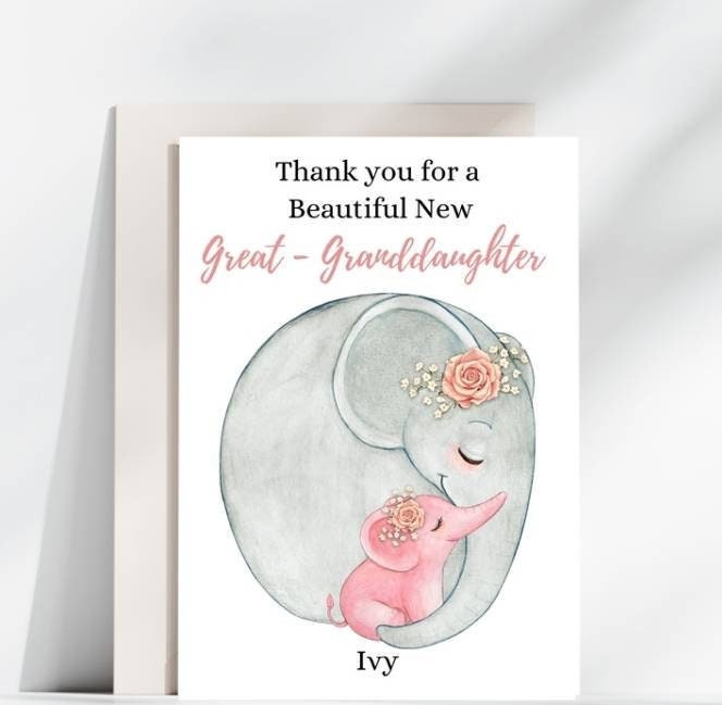 Personalised Welcome to the World Granddaughter or Great Granddaughter Card – Elephant Design, A5 Baby Girl Card