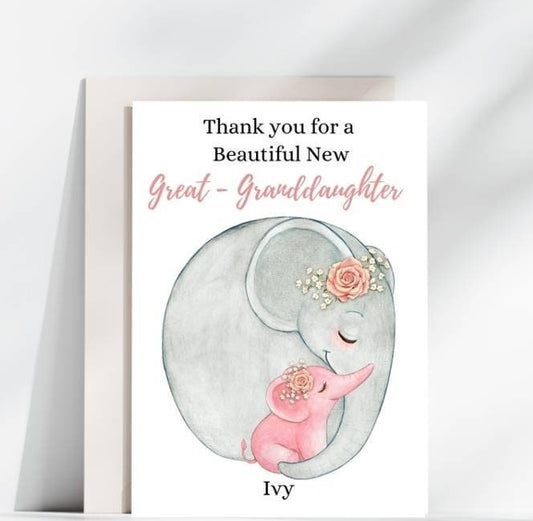 Personalised Welcome to the World Granddaughter or Great Granddaughter Card – Elephant Design, A5 Baby Girl Card