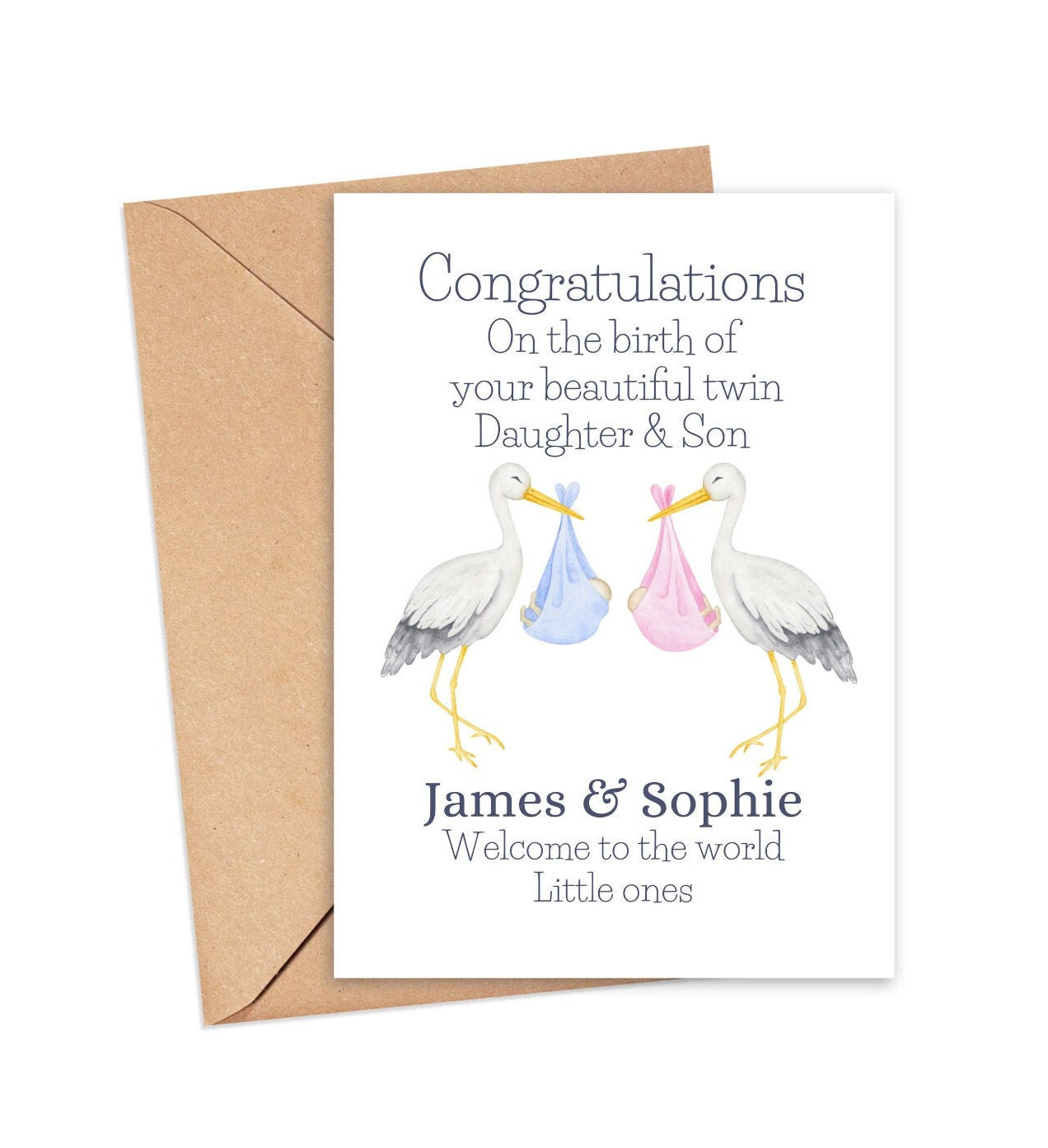 Personalised Stork Twins Card – New Baby Twins Congratulations Card | Custom Welcome to the World Card for Twin Boys or Girls