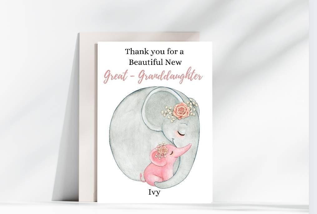 Personalised Welcome to the World Granddaughter or Great Granddaughter Card – Elephant Design, A5 Baby Girl Card