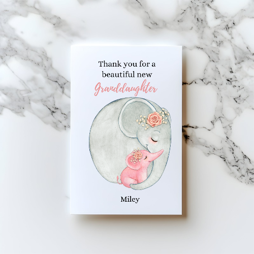 Personalised Welcome to the World Granddaughter or Great Granddaughter Card – Elephant Design, A5 Baby Girl Card