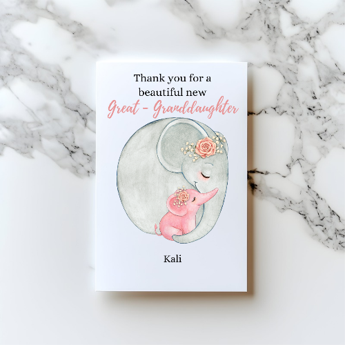 Personalised Welcome to the World Granddaughter or Great Granddaughter Card – Elephant Design, A5 Baby Girl Card